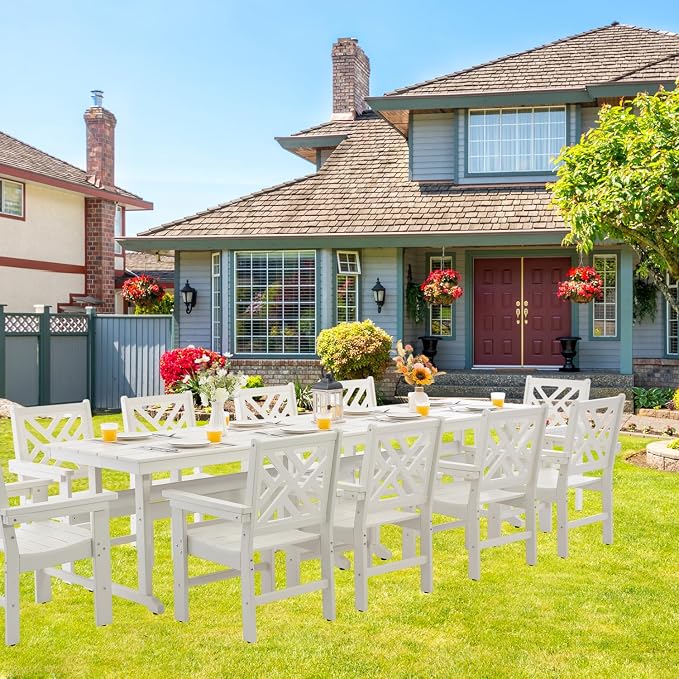 HDPE Dining Table Set for 10,12-Piece Outdoor Table and Chairs Include 10 Dining Chairs and 2 Pcs 62.5" Patio Dining Table with Umbrella Hole (White)
