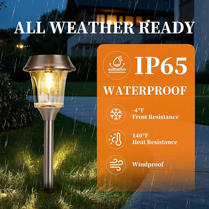 Solar Pathway Lights Outdoor 4 Pack, Stainless Steel & Glass Solar Garden Lights, Auto Dusk to Dawn IP65 Waterproof LED Path Lights for Yard, Lawn, Walkway, Driveway