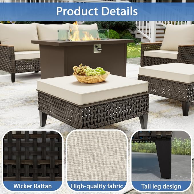 15 Piece Patio Furniture Set with 50000 BTU Propane Fire Pit Table, All-Weather Wicker Rattan Outdoor Sectional Sofa Set with High Back and Thick Cushions for Garden, Porch, Poolside, Beige