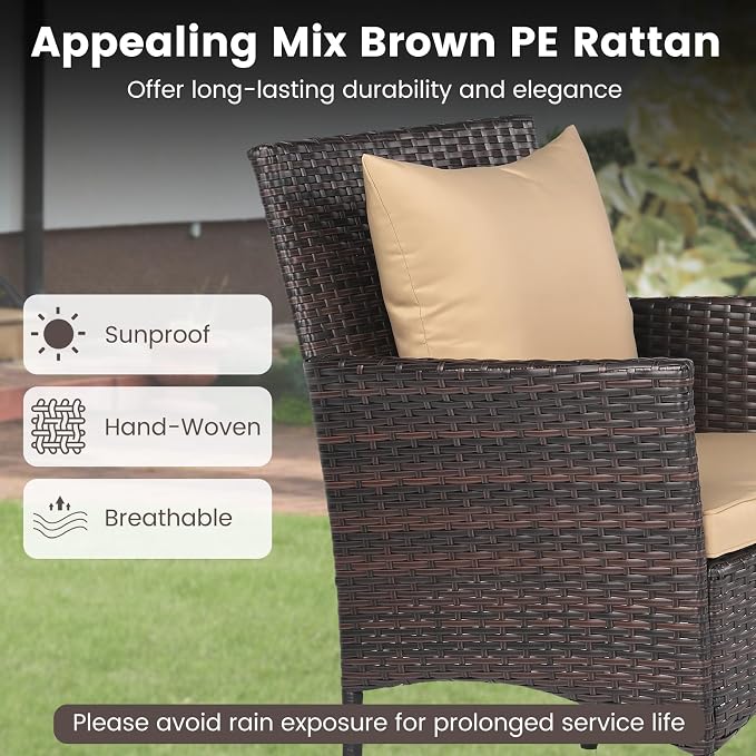DORTALA Wicker Patio Furniture Set 3 Piece, Small Outdoor Table & Chairs with Tempered Glass Tabletop, Cushions, Rattan Conversation Bistro Set for Balcony, Porch, Backyard, Deck, Mix Brown+Beige