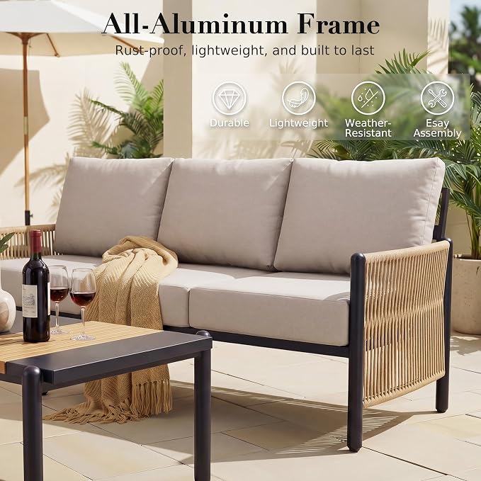 Aluminum Patio Furniture Set, 7 Seats Outdoor Patio Furniture with Coffee Table, Outdoor Wicker Conversation Sets with Cushion for Backyard, Balcony,Porch,Light Grey
