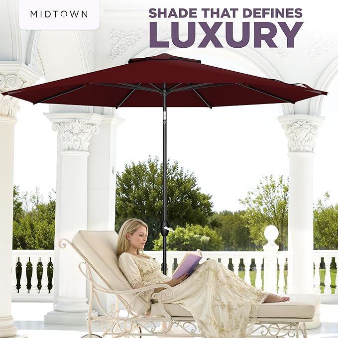 Midtown Umbrellas - The Lean 10 Ft Patio Umbrella with Fade-Resistant Sunbrella Fabric, Auto-Tilt Aluminum Frame and 8 Reinforced Ribs for Deck, Pool & Garden - Burgundy Canopy, Black Pole