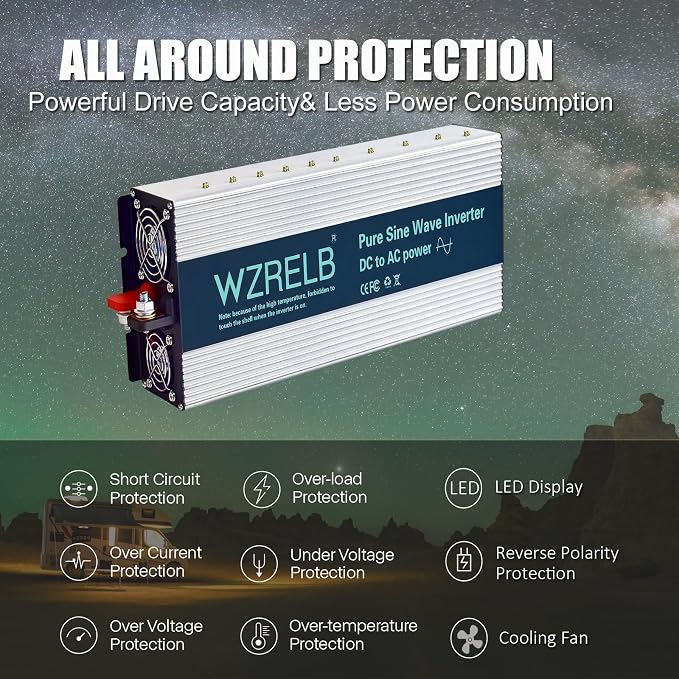 WZRELB 3000W Pure Sine Wave Inverter 48V DC to 110V 120V AC with LED Display,Remote Controller,Off-Grid Power Converter 6000W Surge with Dual AC Outlets, Hardwire Terminal for Home, RV, Truck, Camping