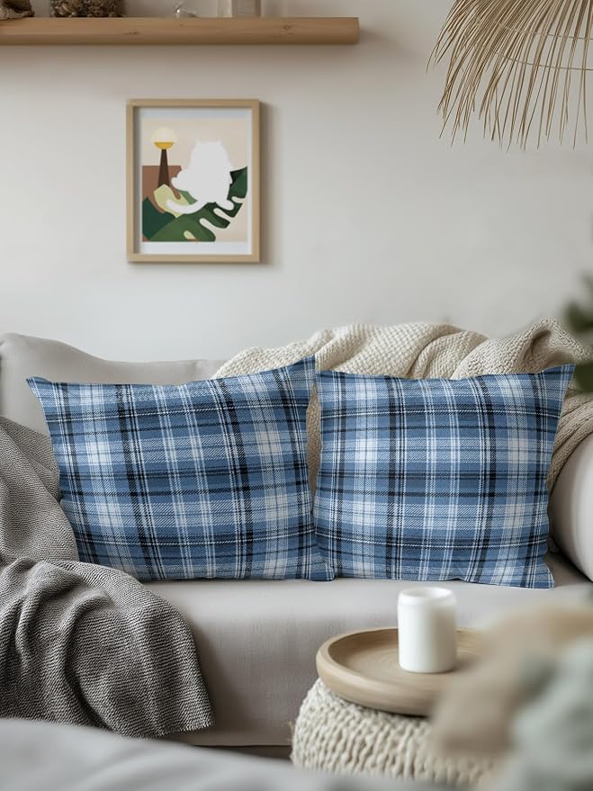 Waterproof Outdoor Pillow 1 Pack Blue Checked Plaid Decorative Throw Pillows Cover & Insert 18x18 Inch Pillowcase Stripes Woven Grid Square Pillows for Couch Sofa Bed Patio Furniture Indoor Outdoor