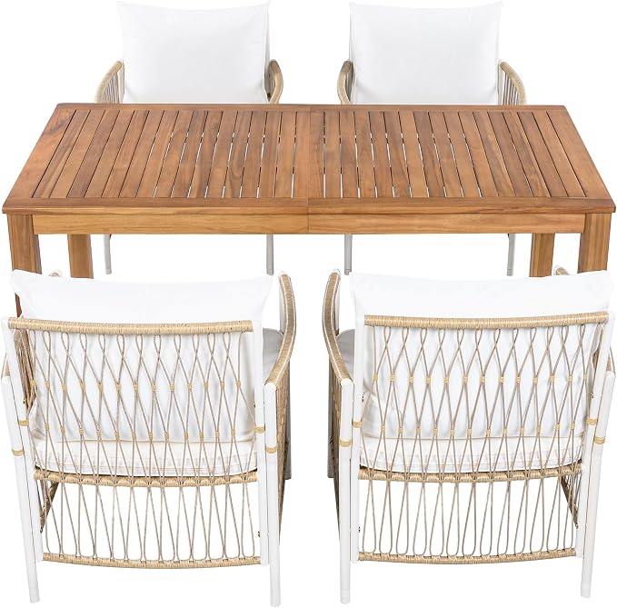 5-Piece Outdoor Patio Dining Set, All-Weather Acacia Wood 67''L Rectangular Dining Table with 4 Rattan Arm Chairs for Backyard, Garden, Poolside (Natural+R5)