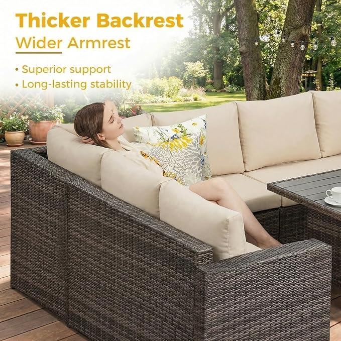Wisteria Lane 7 Piece Patio Furniture Set, Wicker Patio Sectional with Wide Armrest, All Weather Outdoor Dining Set, Outdoor Furniture Patio Conversation Set with Ottoman, Beige