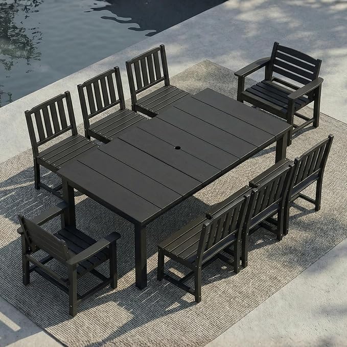 9-Piece Outdoor Dining Set for 8, 75.2" HDPE Table with Umbrella Hole & 8 Chairs, All-Weather Patio Furniture for Lawn, Yard, Deck, or Poolside, Fade & Crack Resistant (Black)