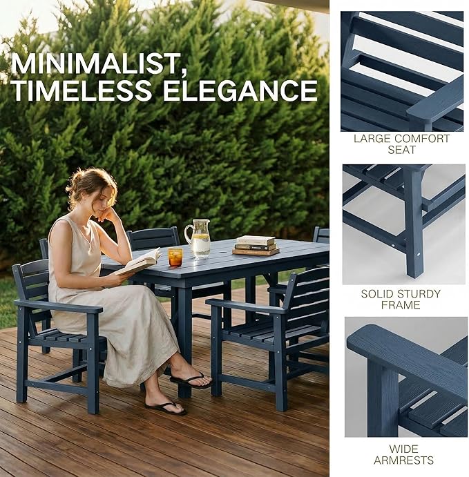 Kingdura 7 Piece Patio Dining Set for 6, HDPE Outdoor Dining Table Set with 2" Umbrella Hole, All Weather Outdoor Furniture, Table and Chairs Set for Backyard Pool Garden Porch, Navy Blue