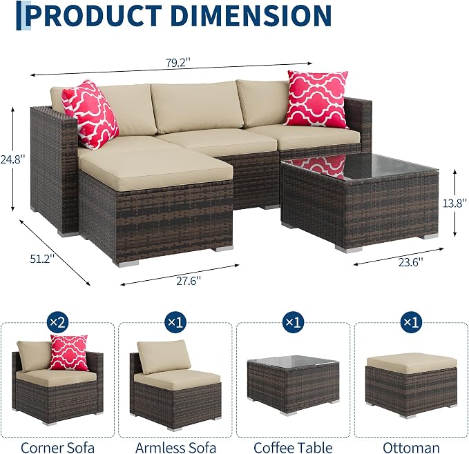 PeakPursuit Outdoor Patio Furniture Set, 5 Pieces Rattan Patio Conversation Sets with Glass Coffee Table and Cushion,All Weather Outdoor Patio Sofa for Garden, Poolside, Backyard,Khaki