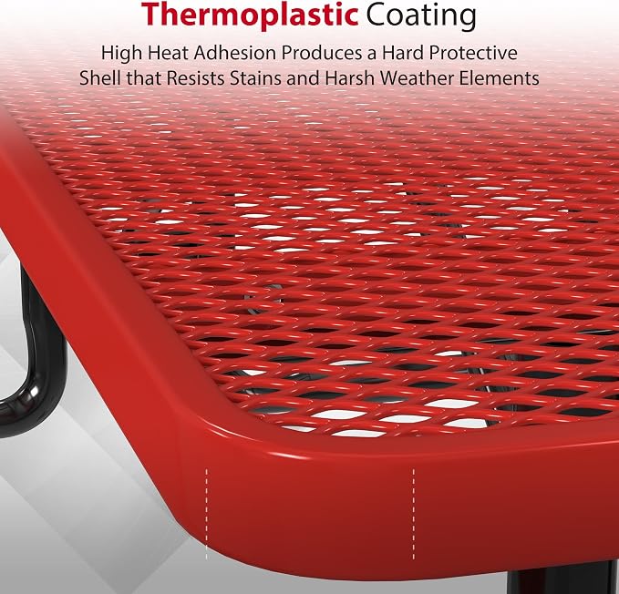 Leisure Craft Metal Picnic Table with Bench - 8 ft Rectangle Outdoor Dining Table for 8, Umbrella Hole, Weatherproof Heavy Duty Thermoplastic Coating, Commercial Grade Furniture Made in USA - Red