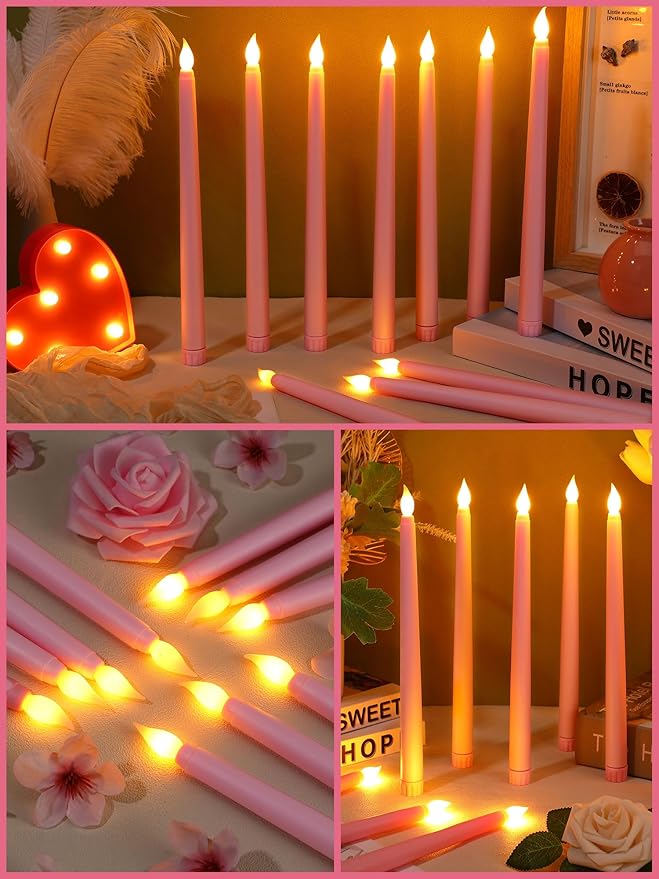 Treela 72 Pcs Flameless LED Taper Candles Battery Operated Candles Bulk 11 Inch Flickering Fake Candlesticks with Warm Light for Valentines Day Church Wedding Party Battery Not Included(Classic,Pink)