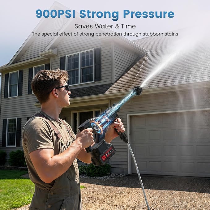 Cordless Portable Washer, 900PSI Portable 4000mAh Cleaner with 6-in-1 Nozzle & 2 Batteries and Shut-Off Valve Garden Hose Adapter for Watering, Cleaning, Car, Floor Wall Fence Cleaning