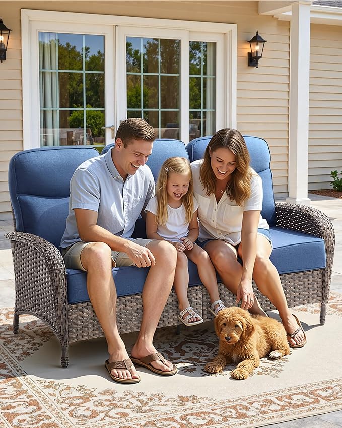 7-Piece Luxury Patio Furniture Set with 6-Inch Thick Cushions, High-Back Outdoor Sofa & Swivel Rocking Chairs with Wicker 42" Fire Pit, All-Weather Conversation Set for Porch, Deck, Yard – Blue