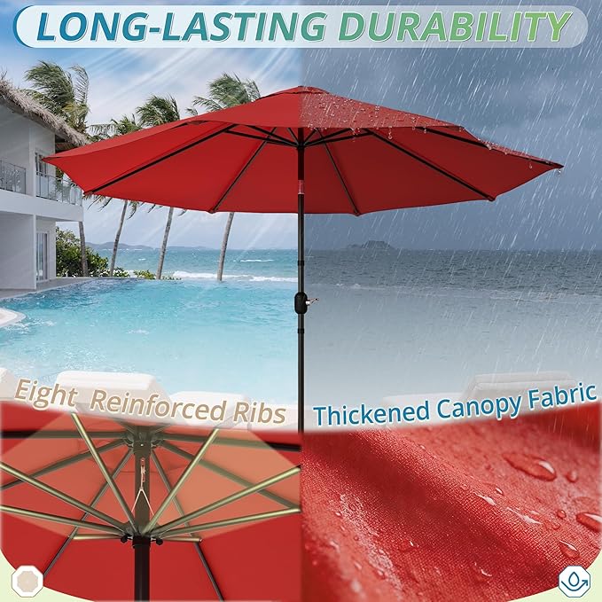 LUE BONA 10FT Patio Umbrella, Waterproof Outdoor Market Umbrella with Easy Crank & Tilt, Patio Table Umbrella for Deck Garden Backyard Pool, Bright Red