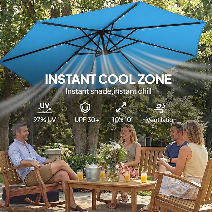 Outsunny 10 ft Cantilever Patio Umbrella with Solar LED Light, Sandbag Weight, Offset Hanging Outdoor Market Umbrella with Protective Cover, Crank and Tilt