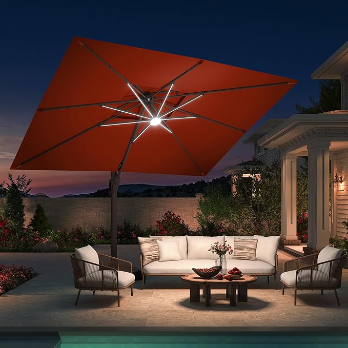 10 X 13 FT Cantilever Patio Umbrella with Base Included & Led Lights Outdoor Rectangle Offset Large Double Top Heavy Duty Umbrellas 360°Rotation for Pool Deck Backyard,Wine Red