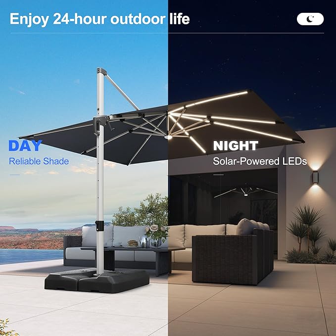 PURPLE LEAF Patio Umbrella with Base 9' X 12' Outdoor Rectangle Cantilever Umbrella Solar Powered LED with 360-degree Rotation for Garden Deck Pool Patio, Grey