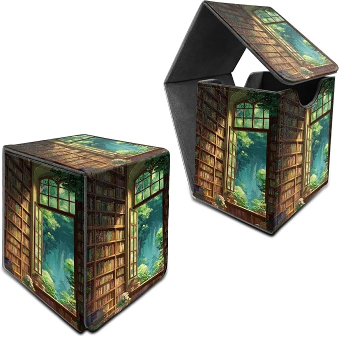 Library Window Card Deck Box for MTG, Personalized Card Storage Case Fits 120+ Sleeved Cards, Premium Leather TCG Box with Strong Magnetic Closure for Magic, CCG, PTCG, Baseball Cards