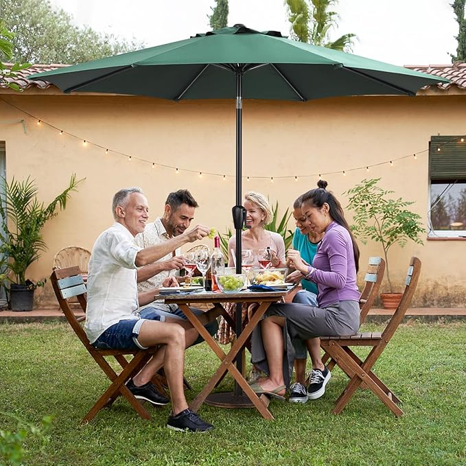 Sun-Ray 9' Round Patio Umbrella with Push-Button Tilt and Hand Crank Lift System, Market Umbrella for Porch, Deck, and Patio