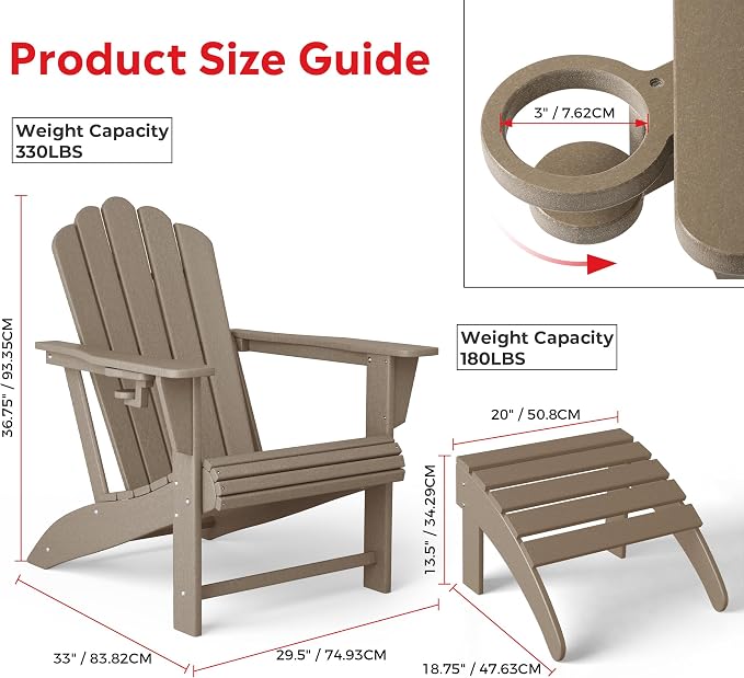 Costaelm Lakeview 2-Piece Outdoor Patio HDPE Adirondack Chair with Ottoman and Cup Holder Set, Weathered Wood