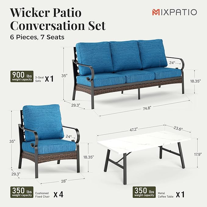 Patio Furniture Set with Fire Pit Table, Metal Outdoor Conversation Set with 5.75'' Extra Thick Cushion, 4 Leg Chairs, 3-Seat Sofa and Gas Fire Pit Table, Pacific Blue