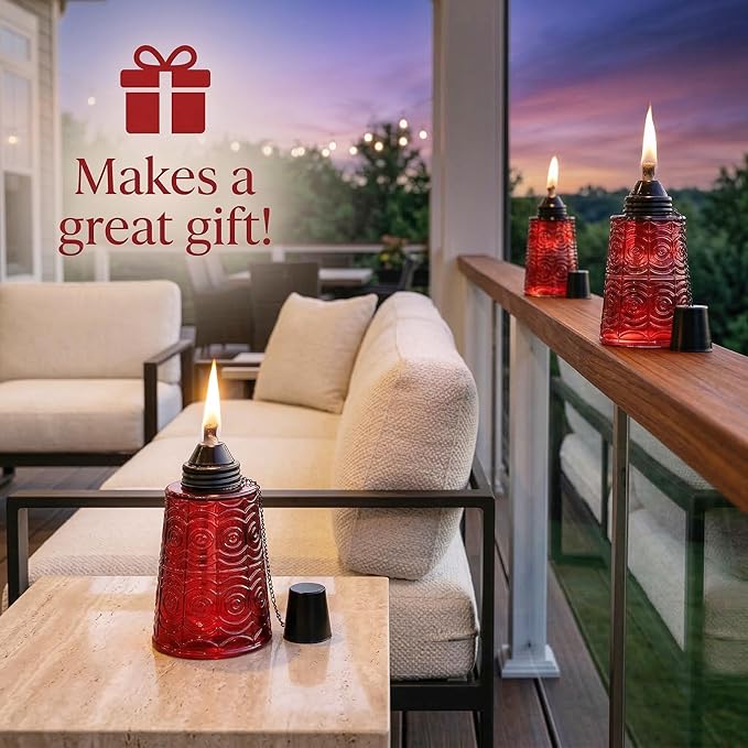 Seraphic Citronella Table Top Torches for Outdoor Patio, 16oz Decorative Glass Torch Citronella Candles for Outside Deck, Garden, Parties, Set of 3, Red