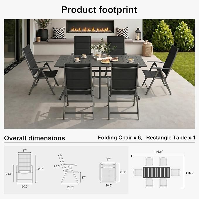 PURPLE LEAF Outdoor Dining Set for 6 Folding Patio Dining Set with Aluminum Rectangular Table and Padded Chairs All Weather Dining Table Sets for Garden Backyard Poolside, Black