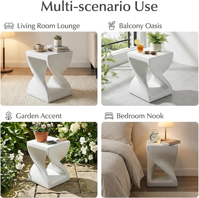 Polibi Modern White Terrazzo Side Table, Twisted X-Base MGO Accent End Table, Small Outdoor Indoor Table for Patio, Living Room, Balcony, Weather Resistant, No Assembly