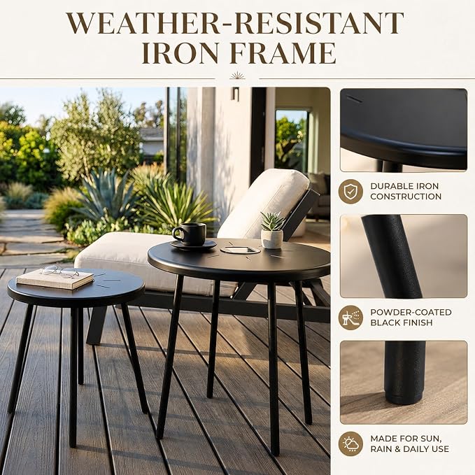 HRVEOCEI Black Round Nesting Coffee Table Set of 2, 2 PCS Small Outdoor Nesting Tables with LED Light for Living Room, Metal Side Table Set for Balcony Patio (50 Inch + LED)
