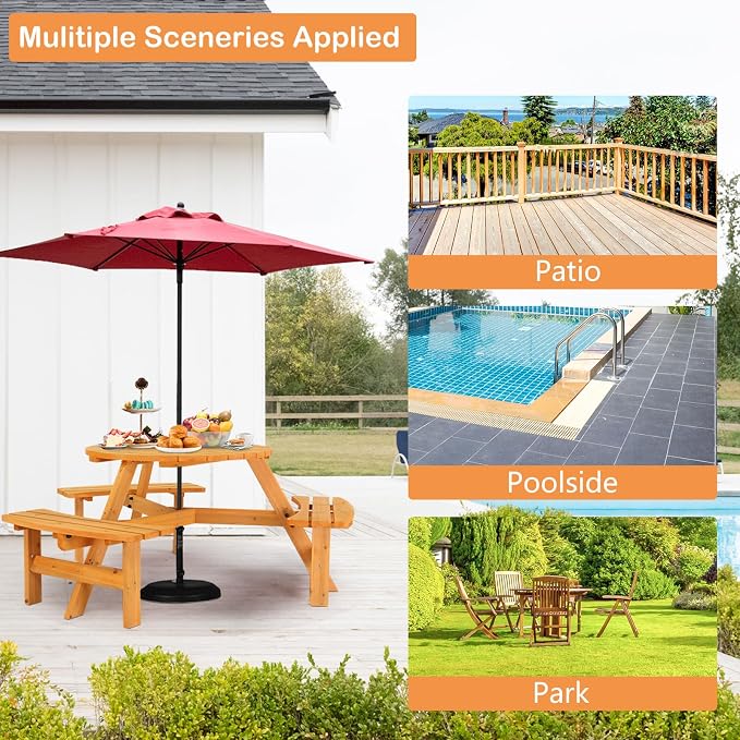 VINGLI 6 Person Wooden Picnic Table, Cedar Wood Patio Table with 3 Built-in Benches, 300LBS Capacity Outdoor Picnic Table Set with Umbrella Hole for Garden, Patio, Backyard, Natural