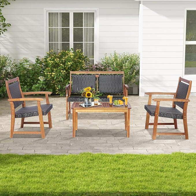 DORTALA 4 Piece Wood Patio Furniture Set, Outdoor Wicker Rattan Conversation Set with Chairs & Coffee Table for Garden, Backyard, Poolside