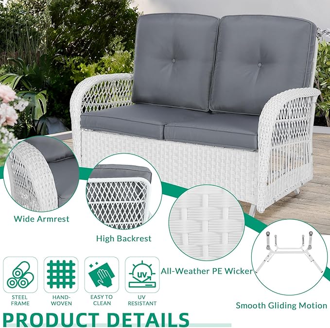VIVIJASON 4-Piece Patio Wicker Conversation Set, All Weather Outdoor Rattan Furniture Set Includes Glider Loveseat, Coffee Table, 2 Rocking Chairs with Cushions for Backyard, White/Grey