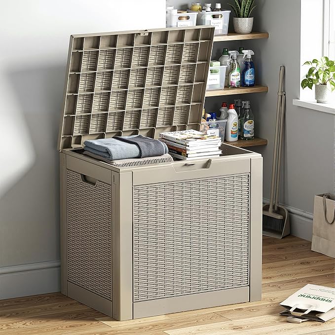 EasyUp 36 Gallon Deck Box Small Deck Box for Indoor and Outdoor,Waterproof Storage Boxs for Patio Furniture,Garden Tools,Cushions, Lockable and UV Resistant,Easy to Install(Grey)