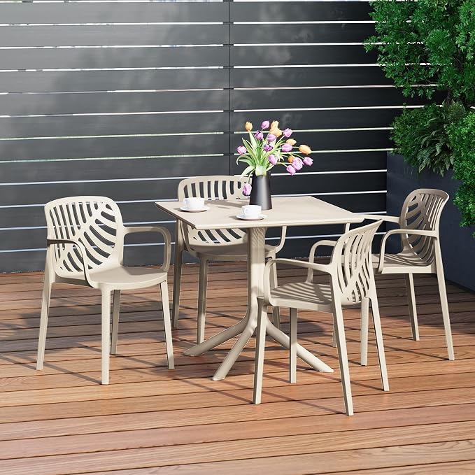 Costaelm Patio Dining Table for 4, Square PP Patio Table, 4-Person Weather Resistant Porch Tables for Outside Poolside Deck Lawn Garden Backyard, Sand