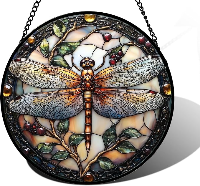 DASTOLL Stained Glass Window Hanging - Dragonfly Plant Suncatcher Ready to Hang Window Doors Home Decoration, Christmas, Mother's Day Birthday Gifts for Women, Men, and Mom 9.8x9.8 in