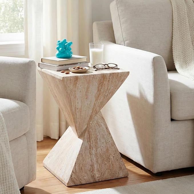 Merax 18.5" H Modern Outdoor Concrete Side Table, Patio End Table with Sculptural Fluted Design, Weather-Resistant Geometric Minimalism Accent Table for Garden, Balcony & Poolside, Beige Marble