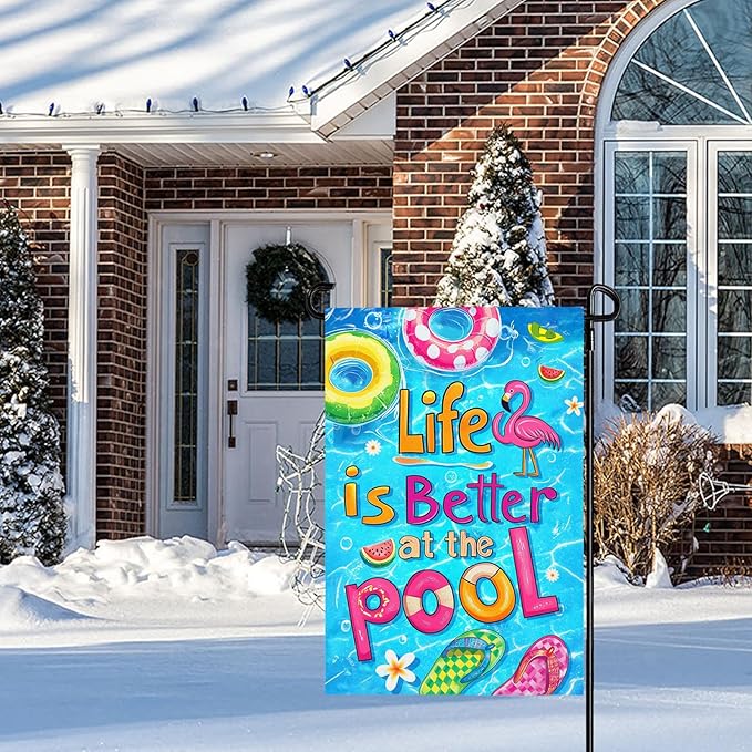 Summer Garden Flag 12X18 IN Double Sided Life Is Better At The Pool Flamingo Garden Flags for Holiday Yard Outside Decoration