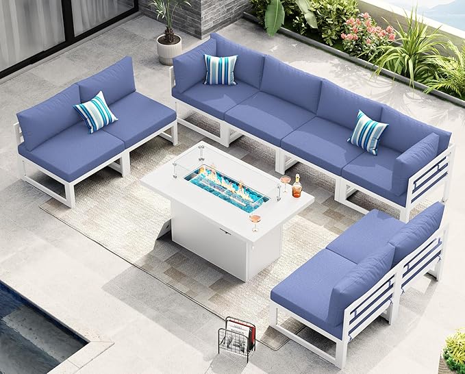 NICESOUL 8 Seat Oversized Modern Aluminum Patio Furniture Set, All Weather Rust Proof Modular Sectional Sofa with Fire Pit Table, 500 lbs Heavy Duty Comfortable Outdoor Couch for Garden, Denim Blue