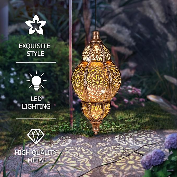 Hanging Solar Lantern Outdoor Decor, Moroccan Solar Lights for Outside Garden Decorations, Waterproof Lanterns Garden Gifts for Mom, Women, Patio, Yard Ornament