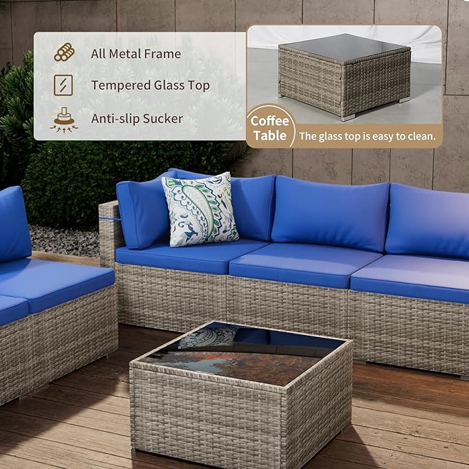 9 Piece Patio Furniture Set, Outdoor Wicker Patio Sofa Set, PE Rattan Sectional Couch with Glass Table and Blue Cushions, All-Weather 9 Piece Outdoor Patio Furniture Sets, Grey