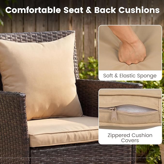 Tangkula 3 Pieces Patio Wicker Bistro Set, 2 Rattan Chairs w/ 2-Tier Tempered Glass Table, Outdoor Conversation Furniture Set with Cushions for Backyard, Porch, Poolside (Mix Brown+Beige)
