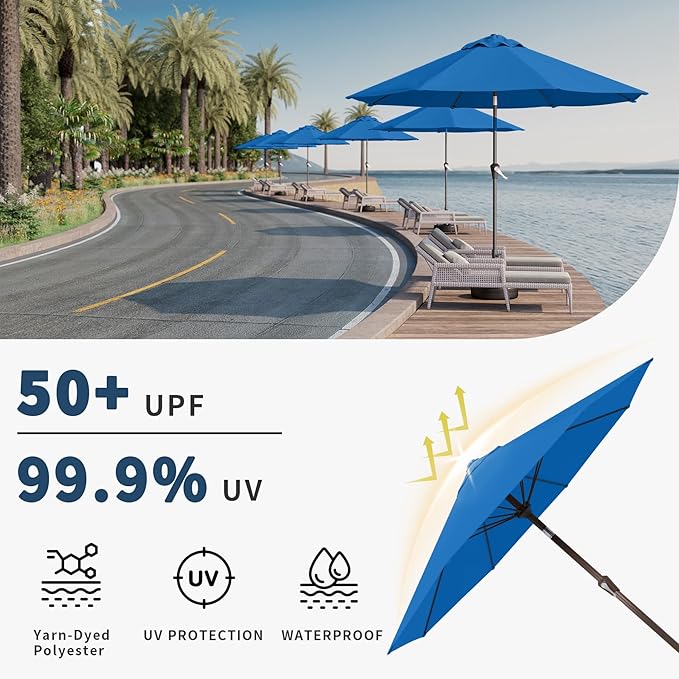 9FT Patio Umbrella with Fiberglass Ribs, Outdoor Market Table Umbrella with Crank and Tilt, UV Resistant Waterproof Canopy for Patio, Garden, Deck, Pool, Royal Blue