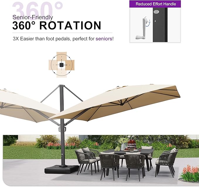 PURPLE LEAF 12 FT Square Patio Umbrella with Wheeled Base Large Offset Hanging Outdoor Cantilever Umbrella Included Base for Garden Pool Deck Backyard Beige