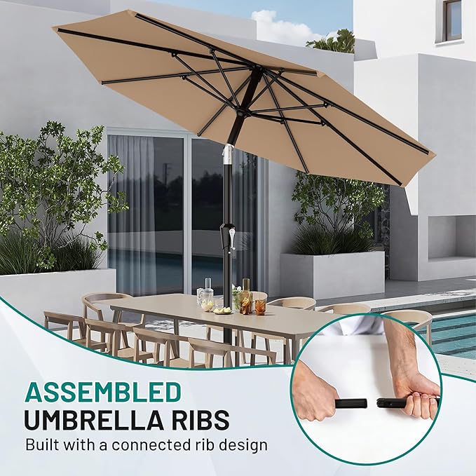 AreShark 10 FT Outdoor Patio Umbrella, Patio Table Umbrella with Push Button Tilt and Crank, Outdoor Patio Umbrellas with 8 Fiberglass Ribs, Patio Umbrellas for Market, Garden, Pool (Beige)
