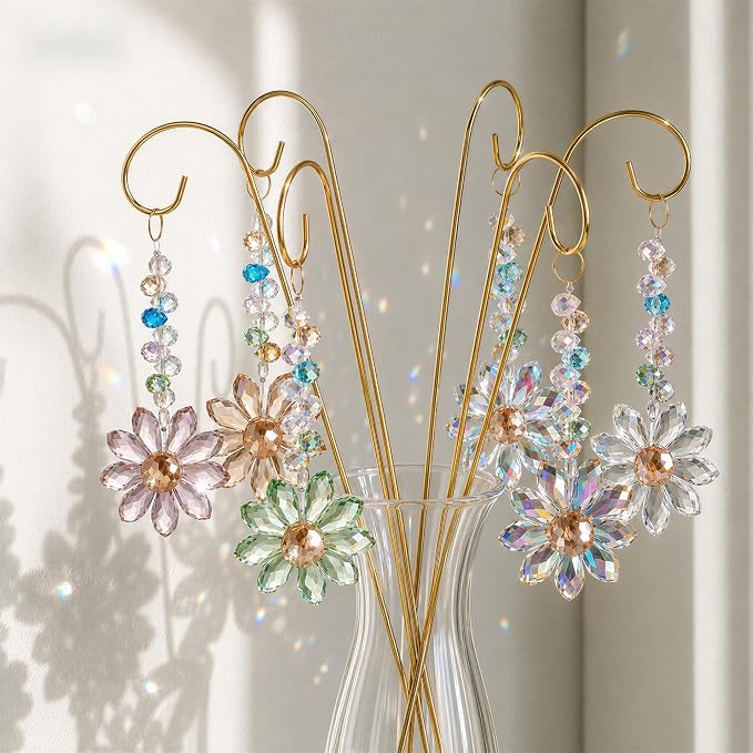 6 Pcs Colorful Crystal Sunflower Suncatcher Garden Stake with Trellis Decor | Crystal Sunflower Sun Catchers Garden Stake with Golden Small Trellis plant Decorations for Pots Patio Lawn Yard Home