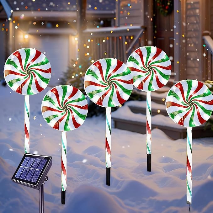 Christmas Solar Lollipop Pathway Lights 5 Pack Outdoor Candy Cane Stake Light with Bow Waterproof Walkway Xmas Outsides Garden Yard Lighting Landscape Decorative Decoration