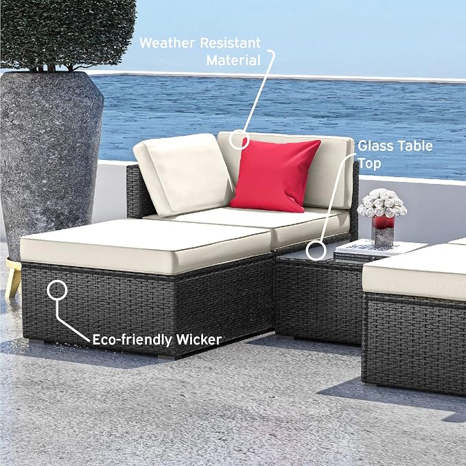 Nestl Outdoor Patio Furniture Sectional, Black Base/Off White Cushions