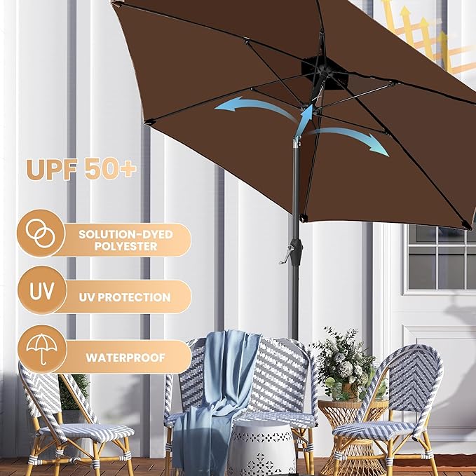 Ayge 7.5FT Large Outdoor Patio Umbrella Market Table Umbrella-UV Resistant, Easy Push Button Tilt and Crank, 6 Sturdy Fiberglass Ribs Heavy-Duty Pool Umbrella for Deck, Backyard,Garden, Yard,Brown