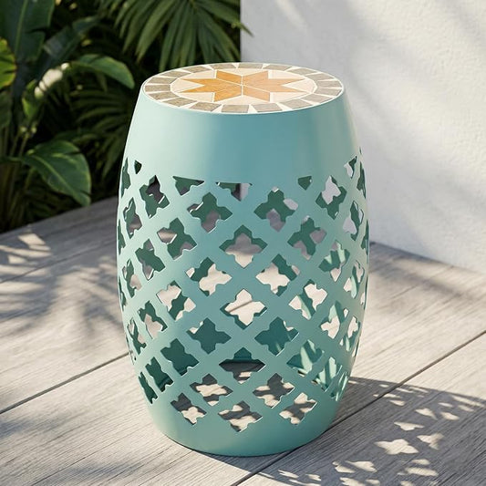 Light Turquoise 18" Patio Round Side Table, Ceramic Mosaic Tile Top Garden Stool with Decorative Lattice Design, Metal Outdoor End Table for Balcony, Porch, Yard, Plant Stand, 175lbs Capacity