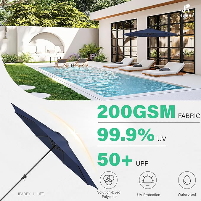 JEAREY 11' Patio Umbrellas Outdoor Table Market Umbrella w/Crank, 8 Sturdy Ribs, UV Protection Windproof for Garden, Deck, Backyard, Pool(Navy Blue)